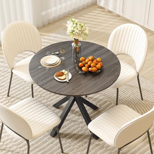 Image of Giantex 36 inch Round Dining Table for 4, Farmhouse Kitchen Table with Rubber Wood Legs, Adjustable Foot Pads, Dining Room Tables for Dinette, Small Space, Dinner, Living Room, Restaurant