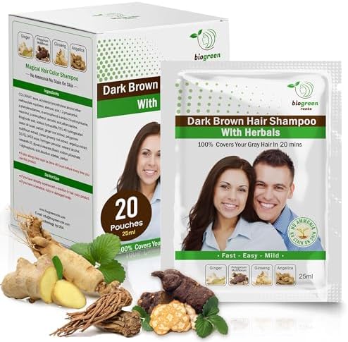 BIOGREEN ROOTS Ammonia-Free Herbal Hair Shampoo - Covers Gray Hair for Men & Women - Natural Color & Nourishment - No Skin Stains - Dark Brown (20 sachets x 25 ml)