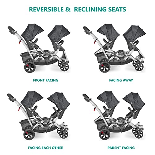 Image of Dream On Me Track Tandem Double Umbrella Stroller in Slate, Lightweight Double Stroller for Infant and Toddler, Multi-Position Reversible & Reclining Seats, Large Storage Basket and Canopy