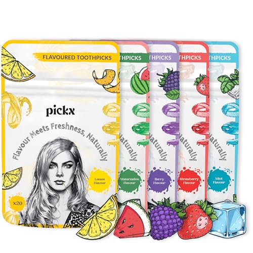 Pickx Mega Pack Flavoured Toothpicks (5 Pack) | Lemon Watermelon Berry Strawberry & Mint Ice | Unique Non-Oily Formula | Sugar Free | Natural Flavour Infused Wooden Picks | 20 Per Pack