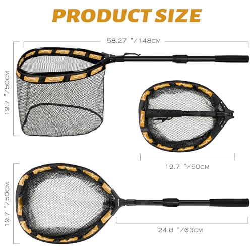 Image of PLUSINNO Fishing Net Fish Floating Landing Net, Kayak Nets with Fixed Foldable Telescopic Pole Handle, Bass Trout Fishing Nets with Nylon Mesh for Pond Lake River, Fishing Gear Gifts for Men Anglers