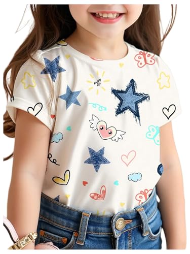 Girl's Star Heart Print Tee Shirt Graphic Crew Neck Short Sleeve Cute Summer Top