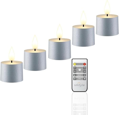 smtyle Velas plateadas sin llama con pilas CR2477, juego de 5 con control remoto, 500 horas de parpadeo continuo vintage mate