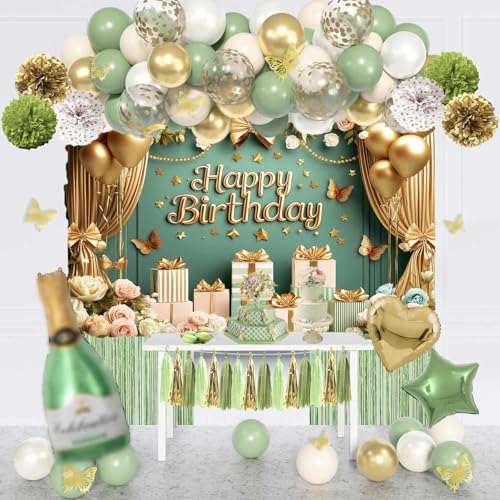 Image of Gold Green Birthday Decorations Banner Butterfly Flower Floral Banner Birthday Photography Background for Girls Women Adults Party Decoration Photo Booth Prop 71 x 43 Inch
