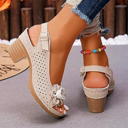 Buckled Square Heel Sandals for Women, Summer Fashion Peep Toe Square Heels Low Slingback Dress Sandal Wedge Shoes Dressy2