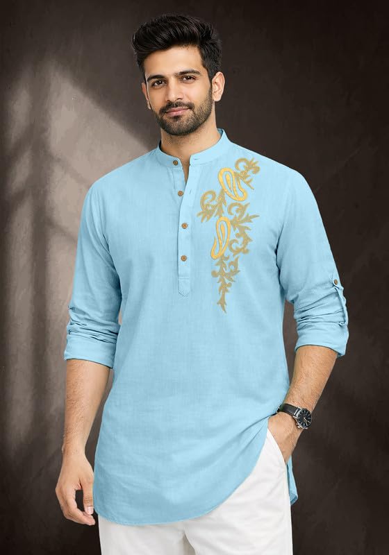 Image of Cotton Blend Self Design Printed Casual Short Kurta for Men Long Sleeve Mandarin Collar Stylish Kurta Shirt for Men