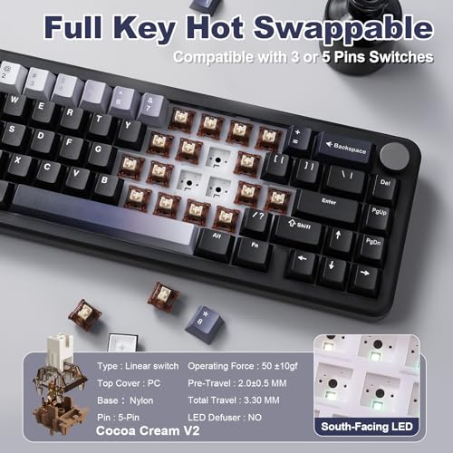 Image of YUNZII B68 Wireless Mechanical Keyboard,Tri-Mode BT5.0 /2.4GHz /USB-C,Cute PBT Keycaps,Hot Swappable Creamy Typing Gasket Mounted,RGB Backlit NKRO for Win /Mac (Black, Cocoa Cream V2 Switch)