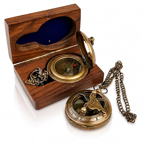 Image of M.A & SONS Push Button Personalized Brass Sundial Compass 1.8 Inch with Wooden Box & Chain | Engraved Back Pocket Nautical Keepsake
