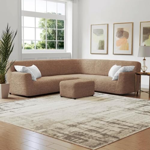 Image of Bellissima Sofa Covers - Premium Luxury Microfibra Plain Stretchable Sofa Cover Fully Covered Slipcover, Imported from Italy (Cappuccino, Corner-UN)