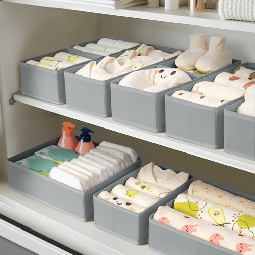 DIMJ Schrank Unterwäsche Organizer - Schubladen Kleiderschrank Drawer Organizer, Aufbewahrungsbox für Schublade, 10 Stück Baby Kleidung, Hosen, Socken, Grau