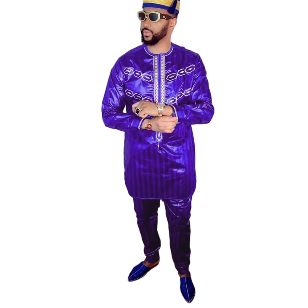 HDWest African Attire Embroidery White Dashiki Shirt Bazin Riche Top and Pants Outfit for Man Maxi Dress for Woman