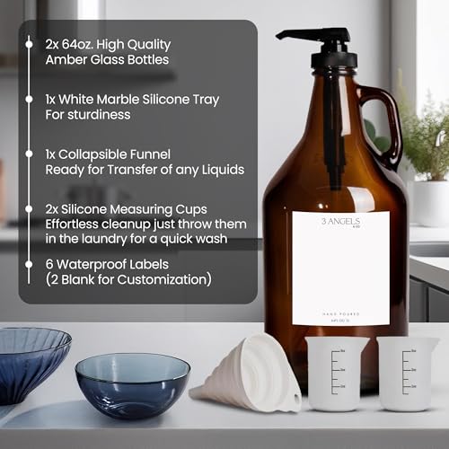 Liquid Laundry Detergent Dispenser Glass (Pack of 2- 64 Oz) w/ Silicone Tray, Labels, Measuring Cups, & Funnel- Durable Amber Liquid Laundry Dispenser Set- Liquid Detergent Dispenser for Laundry Room