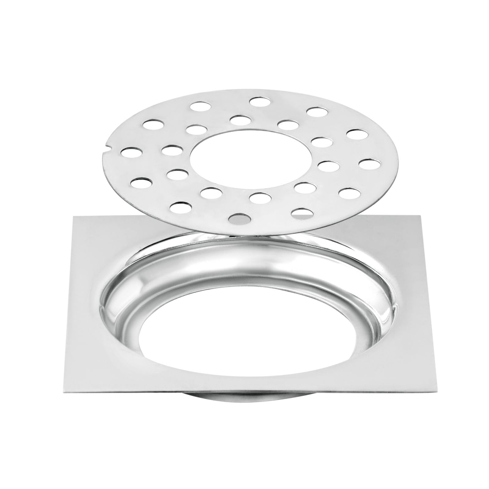 NEW WARE Square 4x4 Inch Stainless Steel Bathroom Jali/Trap Floor Drain with Center Hole and Chrome Finish Water Drain Grating