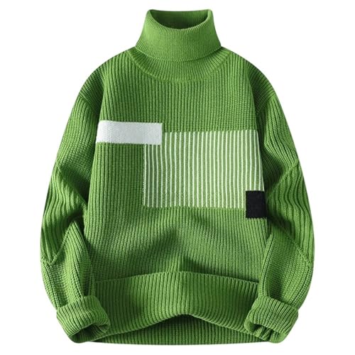 Men's Turtleneck Sweater Patchwork Knitted Pullover Casual Loose Warm Pullover