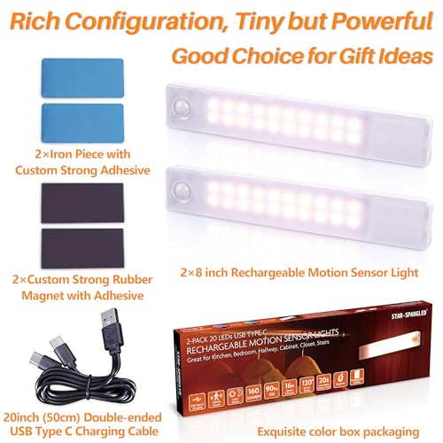 Image of STAR-SPANGLED Under Cabinet Lighting Rechargeable, 8 inch Motion Sensor Lights Indoor Battery Operated, USB Stick on LED Magnetic Closet Light for Counter, Stairs, Kitchen, Warm White, 2 Pack