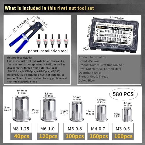 Image of ASKWAY Rivet Nut Tool Kit580pcs, Rivet Nut Silver Metric Combination (M8 /M6 /M5 /M4 /M3), Suitable for Furniture, Decoration, Automotive, Marine and Industrial Applications