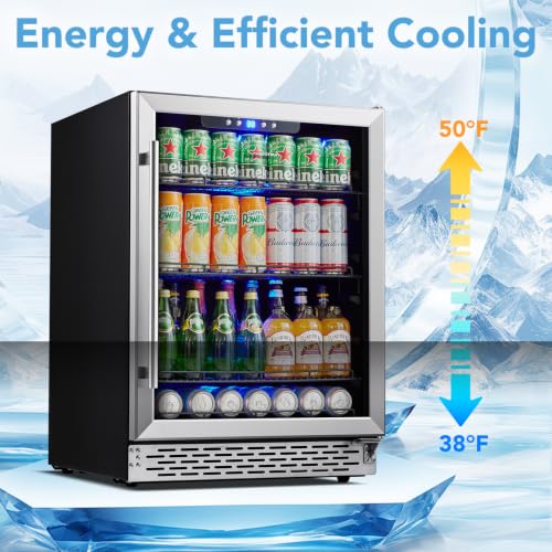 Image of Phiestina Beverage Refrigerator 175 Cans Under Counter Beer Cooler 24 inch Quiet Built-in or Freestanding Beverage Fridge Glass Door Auto Defrost 5 Removable Shelves for Home Bar Office