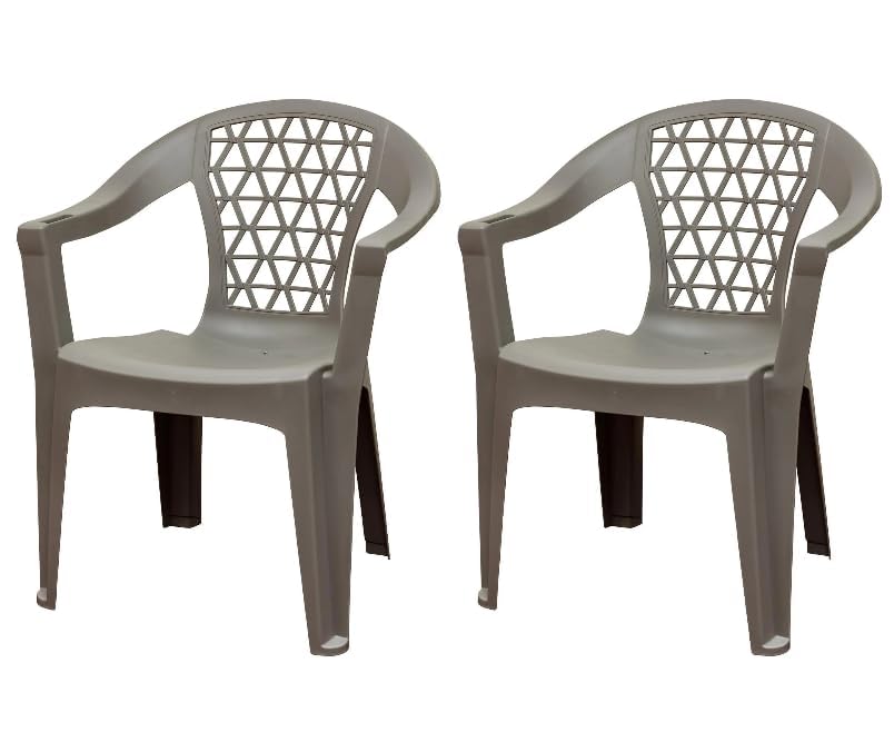 2 Pack Outdoor Resin Stack Chairs with Phone Holder Gray Plastic Patio Furniture Set Weather-Resistant Stackable Chairs for Deck Pool Garden