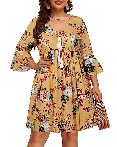 Plus Size Boho Dress Yellow Floral Casual Summer Beach Cover Up Swimwear Vacation Short Flowy Tunic V-Neck Sun Dresses