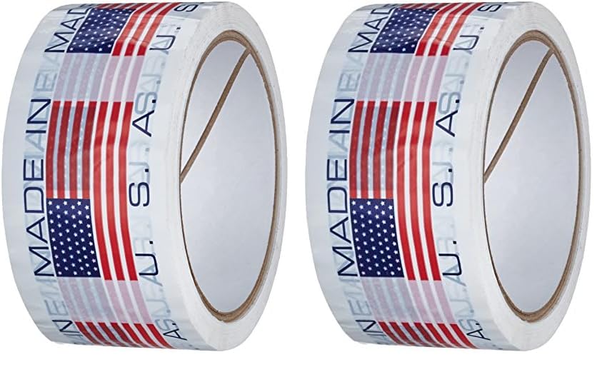 Miniatura 1 de 3M - 150SP-3 371 Cinta de sellado de cartón blanca impresa - 2 pulgadas x 55 yardas. Rollo de cinta adhesiva con letras rojas y azules "Made in