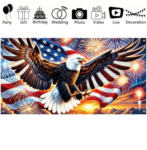 Image of America Independence Day Backdrop Banner 71 x 43 Inch US Flag Bald Eagle Patriotic National Holiday Backdrop Veterans Day Memorial Day Party Banner Supplies Independence Day Themed Party
