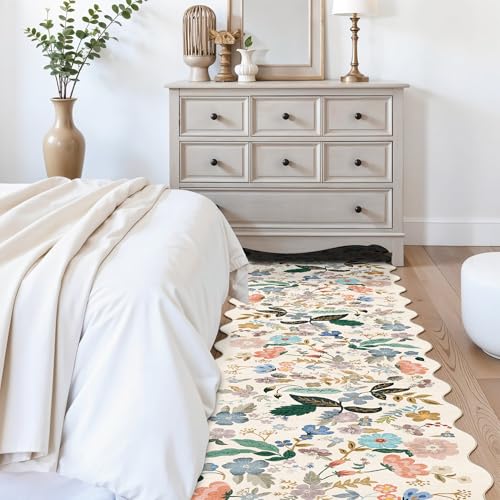 Hallway Floral 2'6x14 Runner Rugs: Washable Scalloped Soft Carpet with Non-Slip Backing for Entryway Kitchen Stain-Resistant Bedroom Floor Mat – Gifts for Newlyweds/Household Home Dcor (2'6x14,Cream)