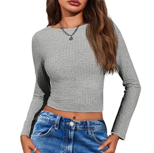 Imily Bela Damen Gerippt Langarmshirt Slim Fit mit U-Boot Ausschnitt...