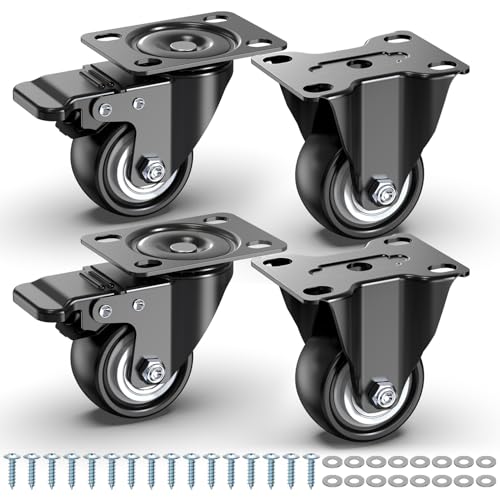 50mm Heavy Duty Furniture Casters - Total Capacity 250kg - Swivel Casters - per Set of 4 (2 with Brake and 2 Fixed Casters)