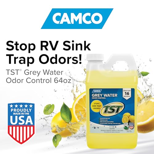 Image of Camco TST Camper /RV Grey Water Odor Control - Removes Grease Buildup in Gray Water Tank, Sink & Shower Drains - 4oz Treats 40-Gal Holding Tank - Safe Septic Tank Treatment - Lemon, 64 oz (40256)