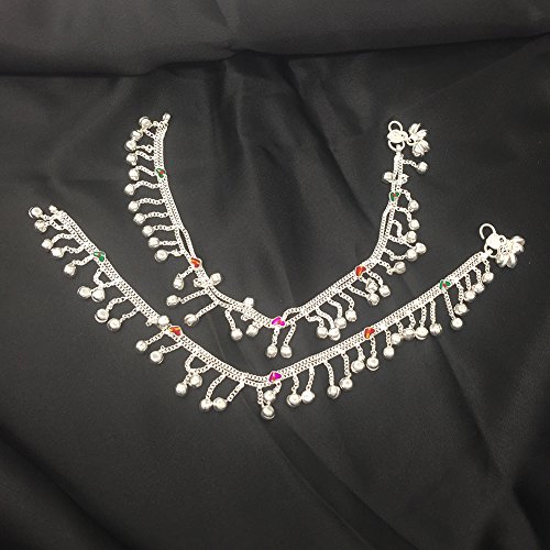 Image of Duel On Jewel Silver Plated Anklet for Women, Traditional Payal Pair with Chain Link Design and Ghungroo Bell Detail, 10 Inch Comfort Fit Foot Accessory, Ethnic Everyday Wear, Wedding Gift