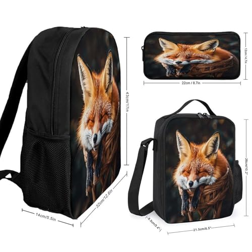Printed Backpack With Lunch Pack Storage Box Case Funny Fox Creature Sleeping 3pcs Lightweight Travel Backpack2