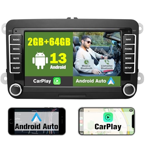 AWESAFE 2GB+64GB Radio Android 13.0 para Coche con Pantalla Bluetooth 2 DIN para VW, Autoradio 7'' con CarPlay/Android Auto para VW, Admite WiFi/GPS/RDS/USB/FM/Mandos del Volante y Cámara Trasera