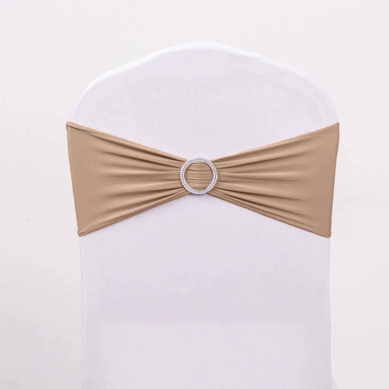 Tableclothsfactory 5 Pack Nude Stretch Spandex Chair Sash with Silver Diamond Sash Pin Banquet Chair Band for Event Decor