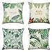 Poszewki na poduszki 40 x 40 cm, zestaw 4 dekoracyjnych poszewek na poduszki z zielonymi liśćmi, nowoczesne wzornictwo, miękkie, lniane, kwadratowe, poszewki na poduszki do salonu, domu, biura, samochodu, ogrodu