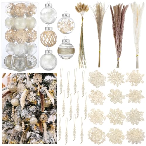 Vertintong 106 Pcs Boho Christmas Tree Decoration Set Include 50 Dried Pampas Grass 20 Christmas Ball Ornament 24 Wooden Snowflake Ornament 12 Wooden Beads for Xmas Rustic Farmhouse Holiday Decor
