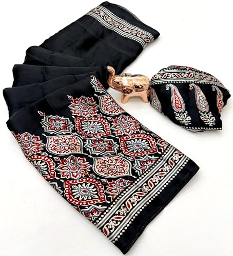 Image of SATIKA VASTRAM Modal Silk Ajrakh Saree Bandhani Design Crepe Printed Designer Pallu Attach Blouse Piece
