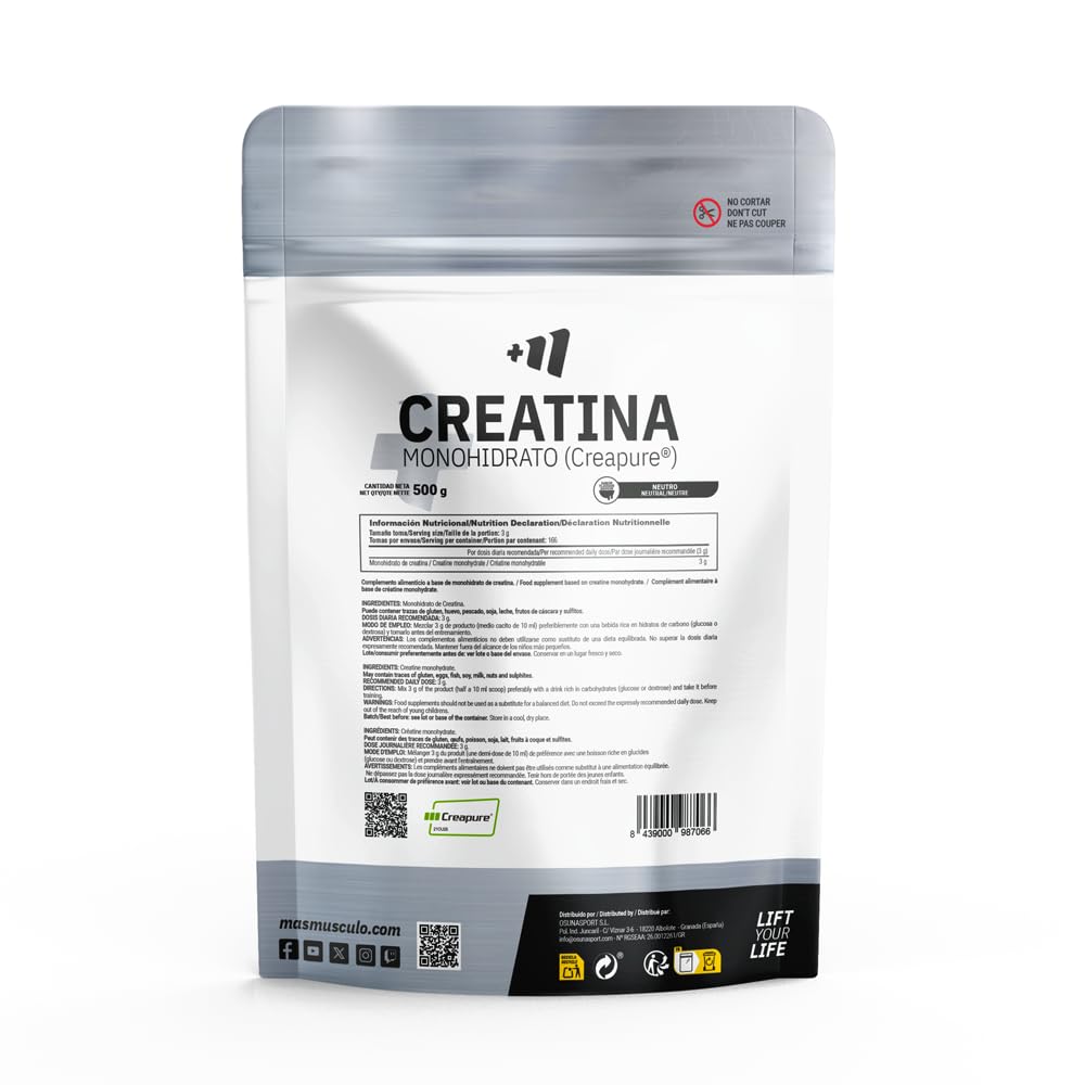 MASmusculo - Creatina Monohidratada Creapure 500g - Máxima Pureza y Eficacia - En Polvo - Sin Azúcar - Reduce la Fatiga - Recuperador Muscular - Aumenta Masa Muscular - Sabor Neutro