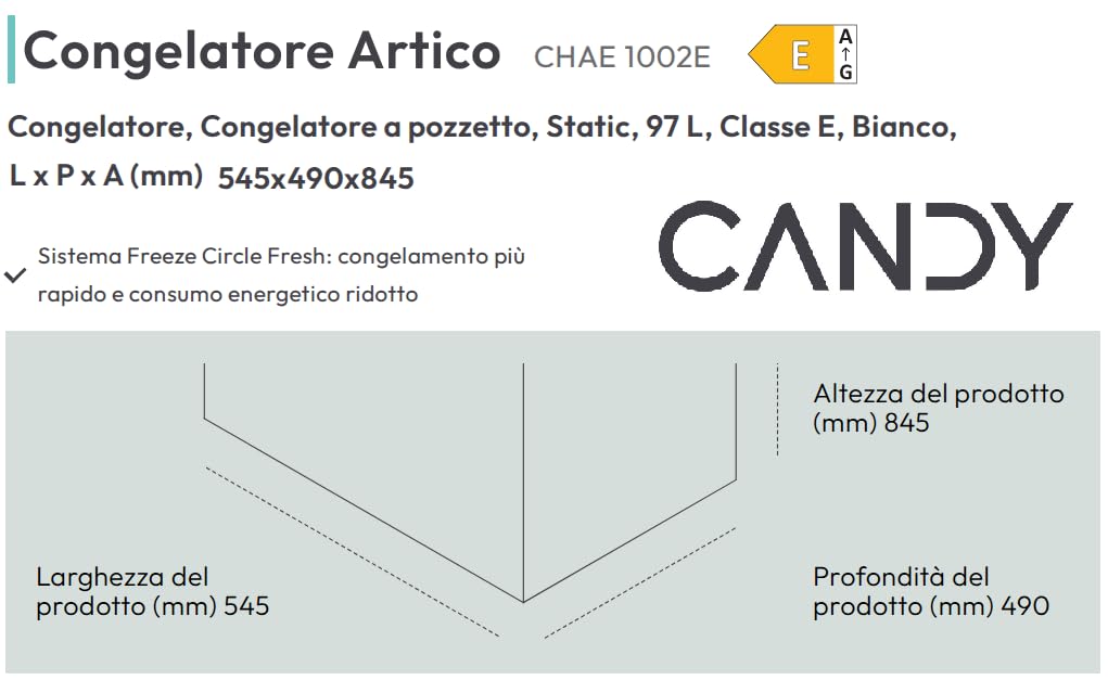 Candy CHAE1002E – Congelador estático, 97 litros, congelación 5,5 kg/24h, clase energética E, blanco