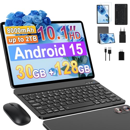 fezawio 10 Pulgadas Tablet Android 15, 30GB RAM+128GB (2TB TF) Octa-Core/Gemini AI/Widevine L1/5GWiFi6/8000mAh/5MP+8MP/Tablets con Teclado & Funda & Raton,Gris