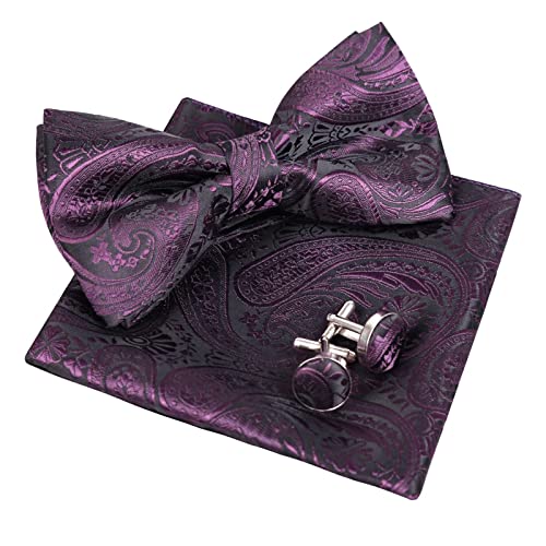 Alizeal Mens Classic Paisley Bow Tie, Hanky and Cufflinks Set, Plum Purple