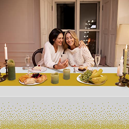 Image of OHOME 4 Pack Disposable Plastic Table Cloths for Parties,White and Gold Rectangle Table Covers for Fall Decor Wedding Bridal Shower Birthday | Baptism Friendsgiving New Years Decorations 54 inch x 108 inch