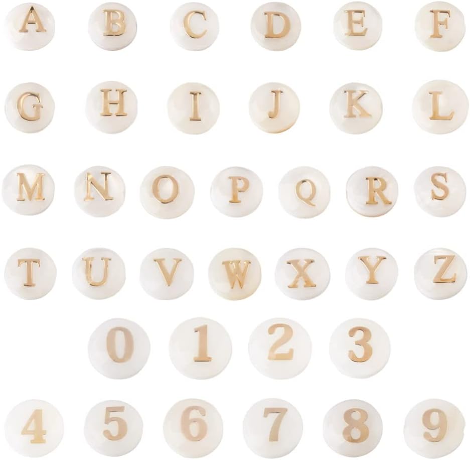 Fashewelry 36Pcs Letter Number Freshwater Shell Beads 6mm Flat Round Alphabet A-Z Number 0-9 Beads Gold Initial Charms for Name Bracelets Necklaces Summer Sea Jewelry Making