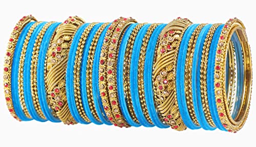 Image of NMII Metal with Zircon Gemstone and Beads Studded Ball Chain Linked Glossy Finished Velvet Bangles Chuda set for Women and Girls
