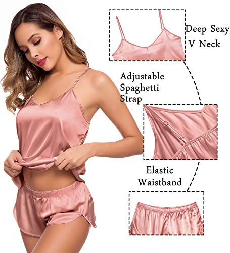 Image of SWOMOG Womens Silk Satin Pajamas Sets 4pcs Sleepwear Sexy Cami Shorts Set and Button Down Short Sleeve Pjs Loungewear Misty Rose X-Small