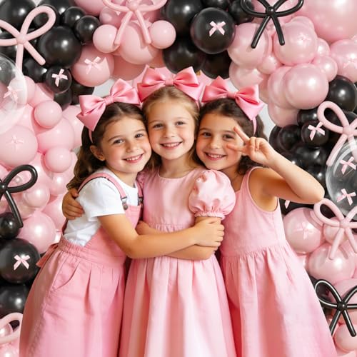 Image of Pearl Pink and Black Balloons Arch Kit, 199Pcs Pink and Black Bow Birthday Decorations with 260 Bubble Pearl Pink Balloons Ribbon for Coquette Bow Theme Birthday Baby Bridal Shower Bachelor Wedding