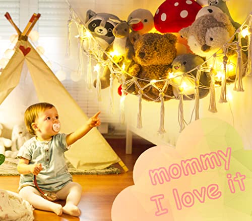 Tcgpro Stuffed Animal Net Or Hammock - Stuffed Animal Storage Toy Hammock For Wall With Led Lights And Hooks - Macrame Corner Plushie Net Jumbo - Boho Hanging Plush Organizer For Kids Bedroom Decor #TOP1