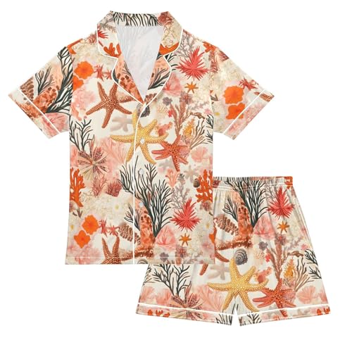 ALAZA Red Coral Reef Starfish Seashell Satin Pajamas Set Short Sleeve Button Down Sleepwear Summer Pjs 2 Piece