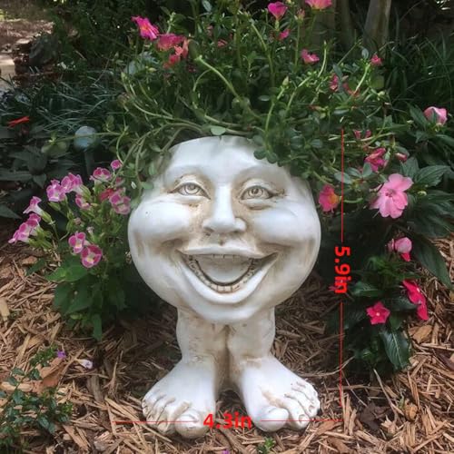 Garden Face Sculpted Flower Pot,Whimsical Face Planter with Feet,Unique Resin Flower Pot for Succulents Herbs Home Decor,Funny Expression Head Planter for Indoor Outdoor Use