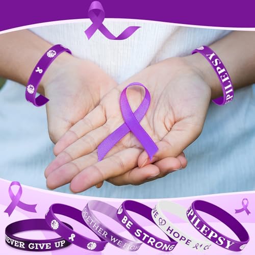 Image of Landical 300 Pcs epilepsy awareness Silicone Bracelets Purple Ribbon Motivational Rubber Wristbands Colored epilepsy awareness wristbands For Event Support Charity Supplies Favor