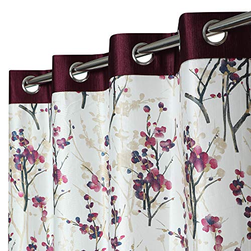 Image of 8 Feet Polyester Floral Light Filtering Door Curtains for Bedroom, Living Room & Hall, Eyelet Top, Wine Print & Solid Plain Curtain Set of 3